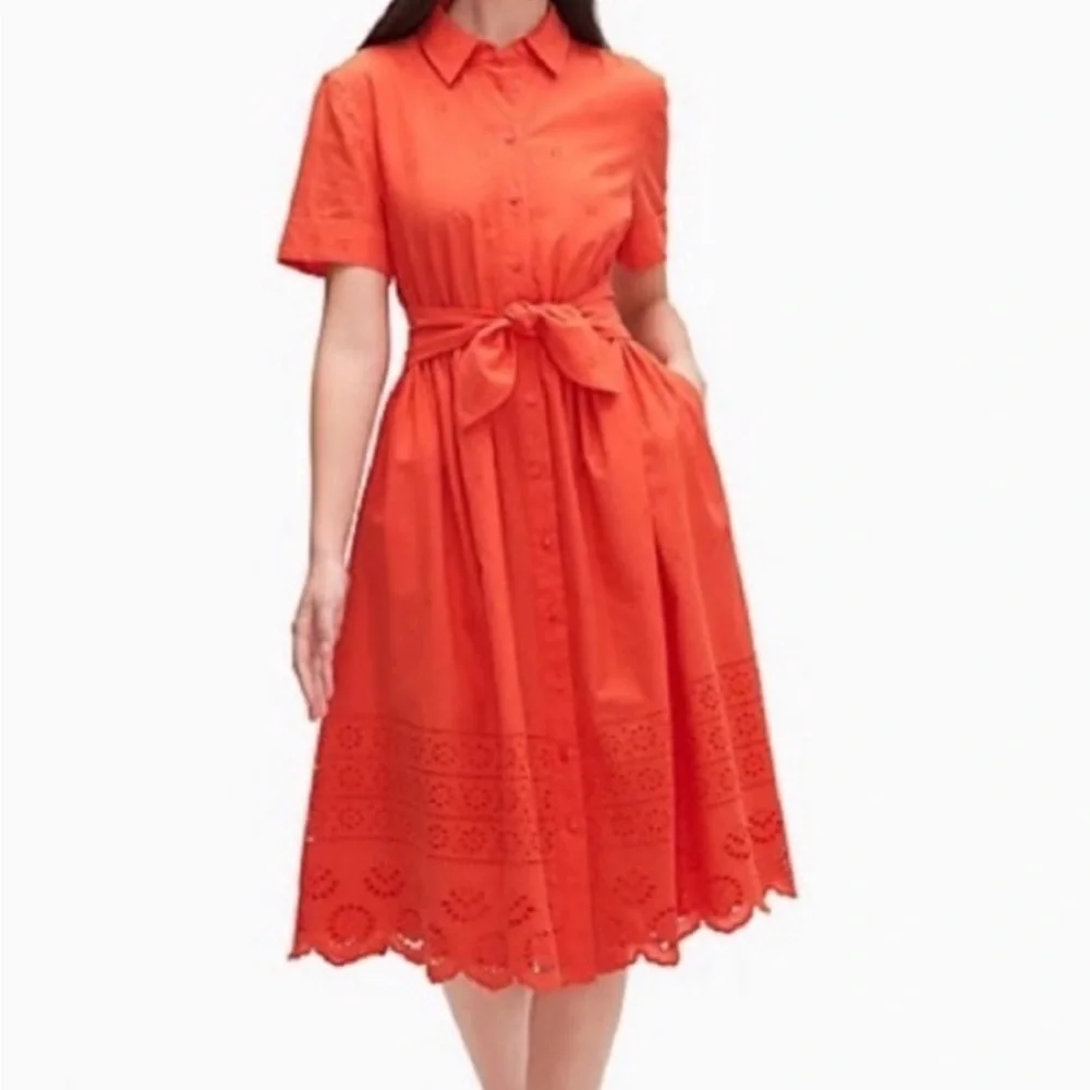 Kate Spade Orange Midi Tie Waist Eyelet 100% Cotton Dress! Size Large